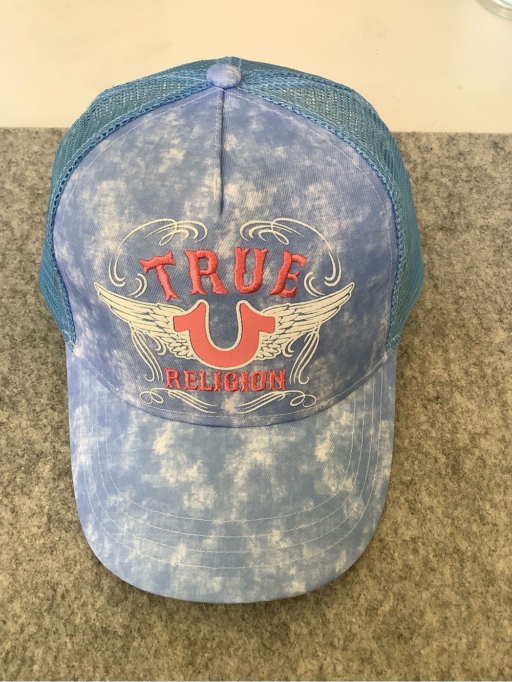 True Religion Blue Tie-Dye Trucker Hat with Pink Logo - Picture 3 of 6